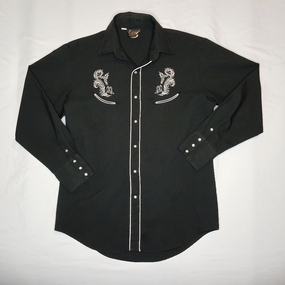 Caravan Western Wear Vtg Pearl Snap Button Down Shirt Mens Lg Black Embroidered - Picture 1 of 7